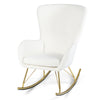 White nursery rocking chair showcasing a sleek design with gold legs and a cozy teddy fleece cover, perfect for.