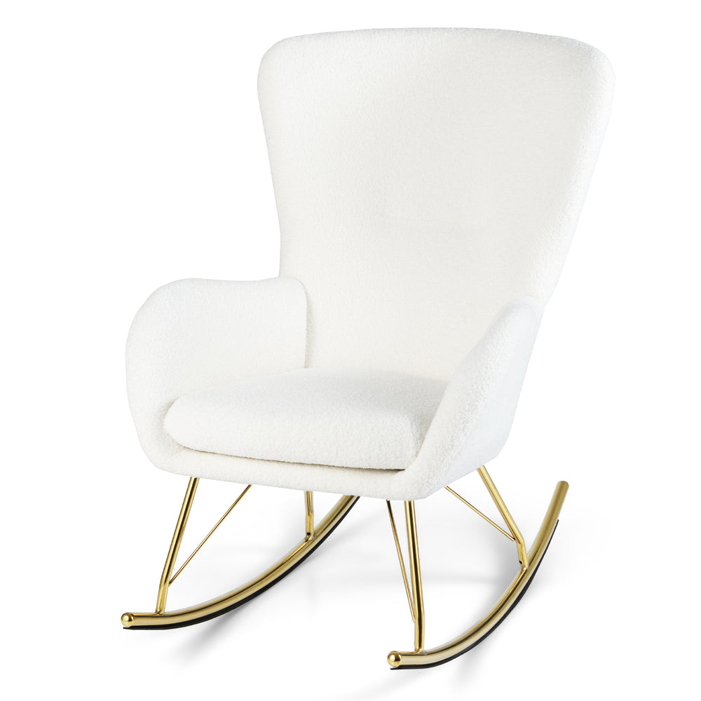 White nursery rocking chair showcasing a sleek design with gold legs and a cozy teddy fleece cover, perfect for.