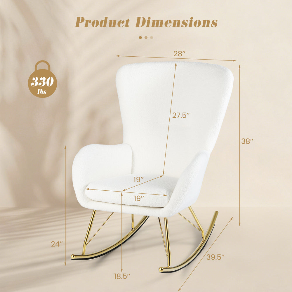 Nursery rocking chair with curved backrest, white teddy fleece cover, and gold metal legs; ideal for living rooms and.