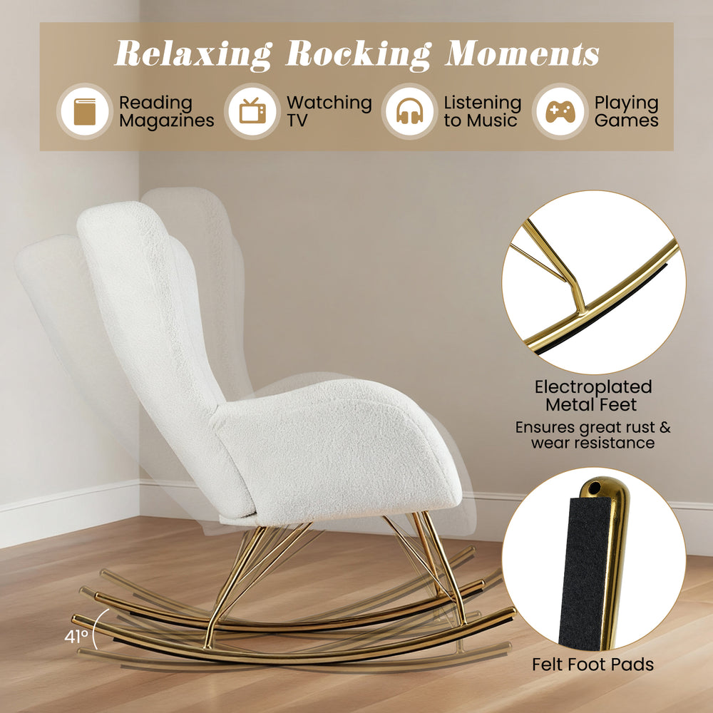 White nursery rocking chair with curved backrest, soft sponge filling, and electroplated metal legs for comfort and.