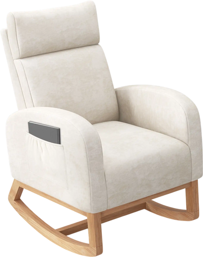Costway Nursery Rocking Chair Upholstered Chenille Armchair Beige 649518732 New