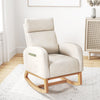 Nursery rocking chair in beige chenille with natural rubber wood frame, perfect for reading or relaxing in any room.