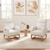 Upholstered nursery rocking chair in beige chenille with natural rubber wood frame, designed for comfort and relaxation.