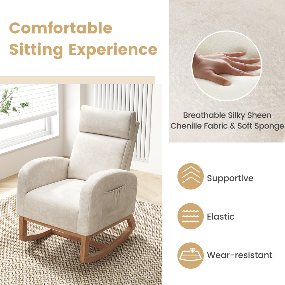 Nursery rocking chair in beige with chenille fabric, rubber wood frame, and ergonomic design for ultimate comfort.