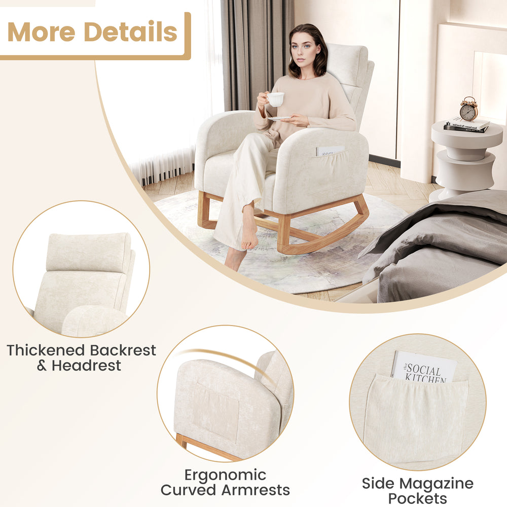Nursery rocking chair in beige with ergonomic armrests and side magazine pockets, perfect for living rooms and bedrooms.