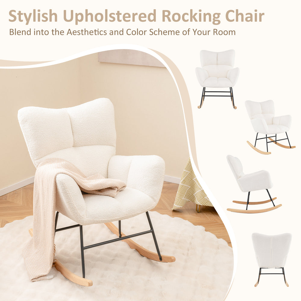 Beige nursery rocking chair with plush seat cushion, ergonomic backrest, and sturdy rubber wood base for cozy.