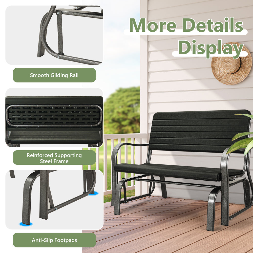 2-seat porch glider featuring a black powder-coated steel frame, ergonomic design, and smooth gliding for outdoor.