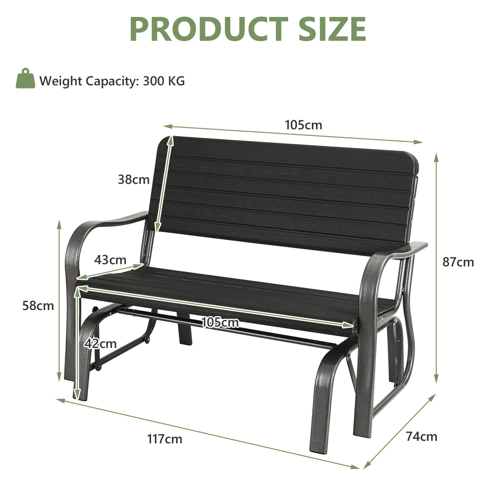 2-seat porch glider with black HDPE back seat and steel frame, showcasing dimensions for backyard or garden use.