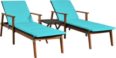 Costway Patio Furniture 3 PCS Rattan Lounge Chair Set with Adjustable Backrest and Folding Table New