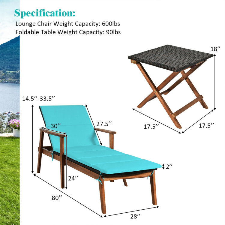 Costway Patio Furniture 3 PCS Rattan Lounge Chair Set with Adjustable Backrest and Folding Table New