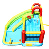 Colorful 6-in-1 inflatable bounce house with climbing wall, water slide, and basketball hoop for backyard fun.