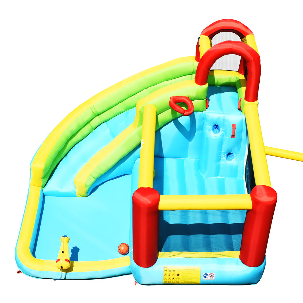 Colorful 6-in-1 inflatable bounce house with climbing wall, water slide, and basketball hoop for backyard fun.