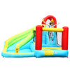 Inflatable bounce house with climbing wall, water slide, and basketball hoop, perfect for summer backyard fun.
