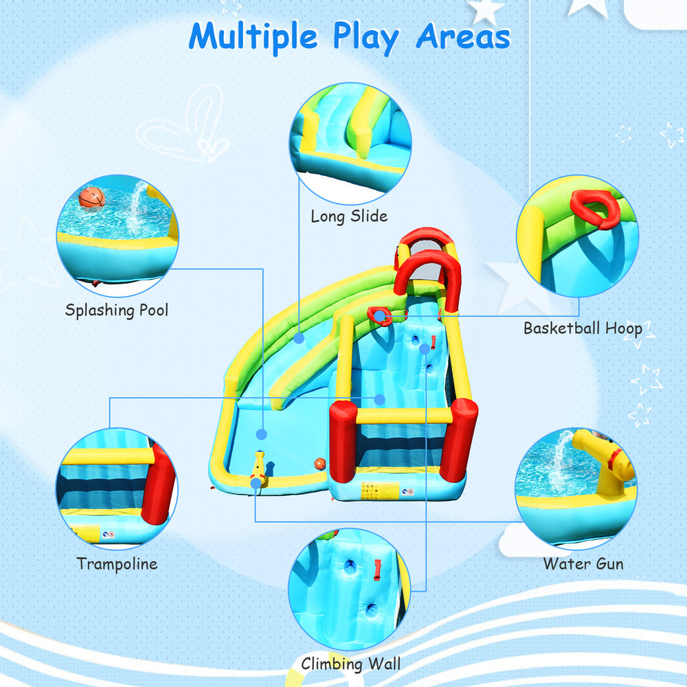 Inflatable bounce house with water slide, climbing wall, and basketball hoop, perfect for summer backyard fun.
