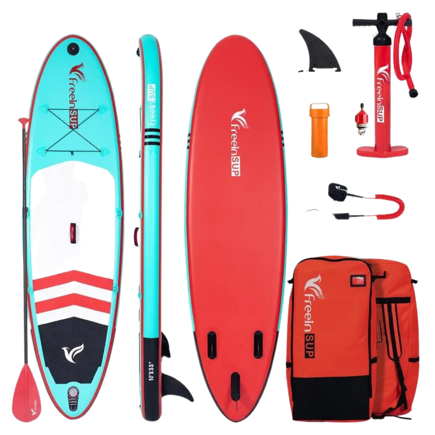 Freein 10' Inflatable Ocean SUP Stand Up Paddle Board Package Dual Action Pump Camera Mount Aqua New