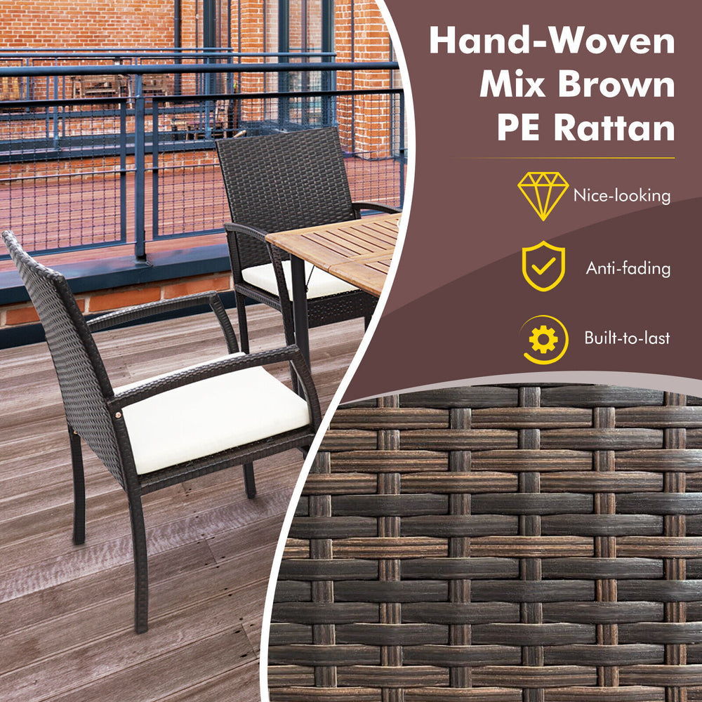 Hand-woven mix brown PE rattan dining armchair set with soft zippered cushions, perfect for patio or backyard use.