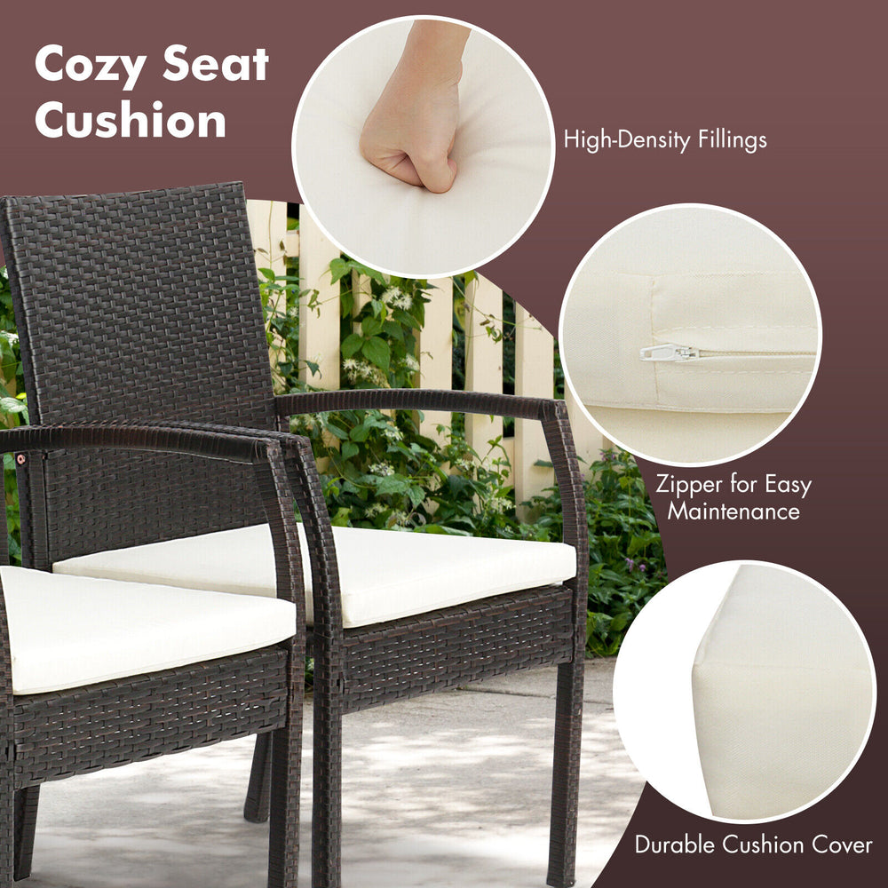 Cozy seat cushion with zipper detail on a patio wicker dining armchair, designed for comfort and easy maintenance.
