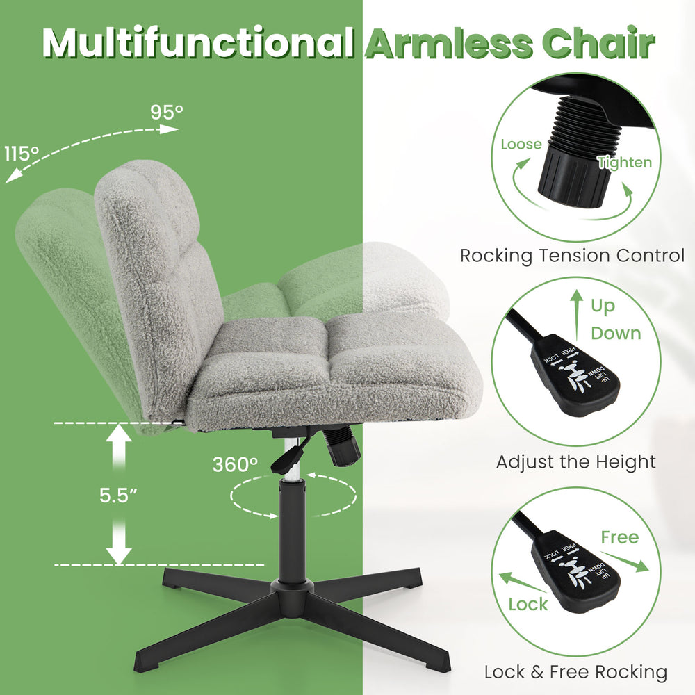 Gray office armless chair with imitation lamb fleece, adjustable height, and 360° rotation for versatile seating.