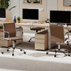 Height adjustable brown office chair with rocking backrest, armrests, and 360° swivel for comfortable workspace support.