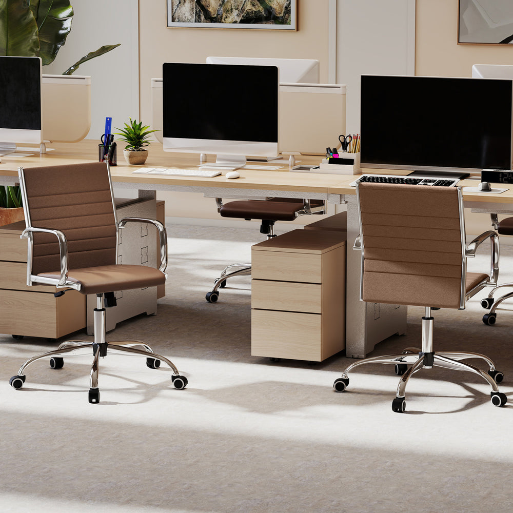 Height adjustable brown office chair with rocking backrest, armrests, and 360° swivel for comfortable workspace support.