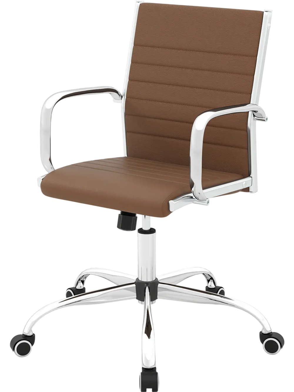 Height adjustable brown office chair with rocking backrest, armrests, and 360° swivel for conference room comfort.