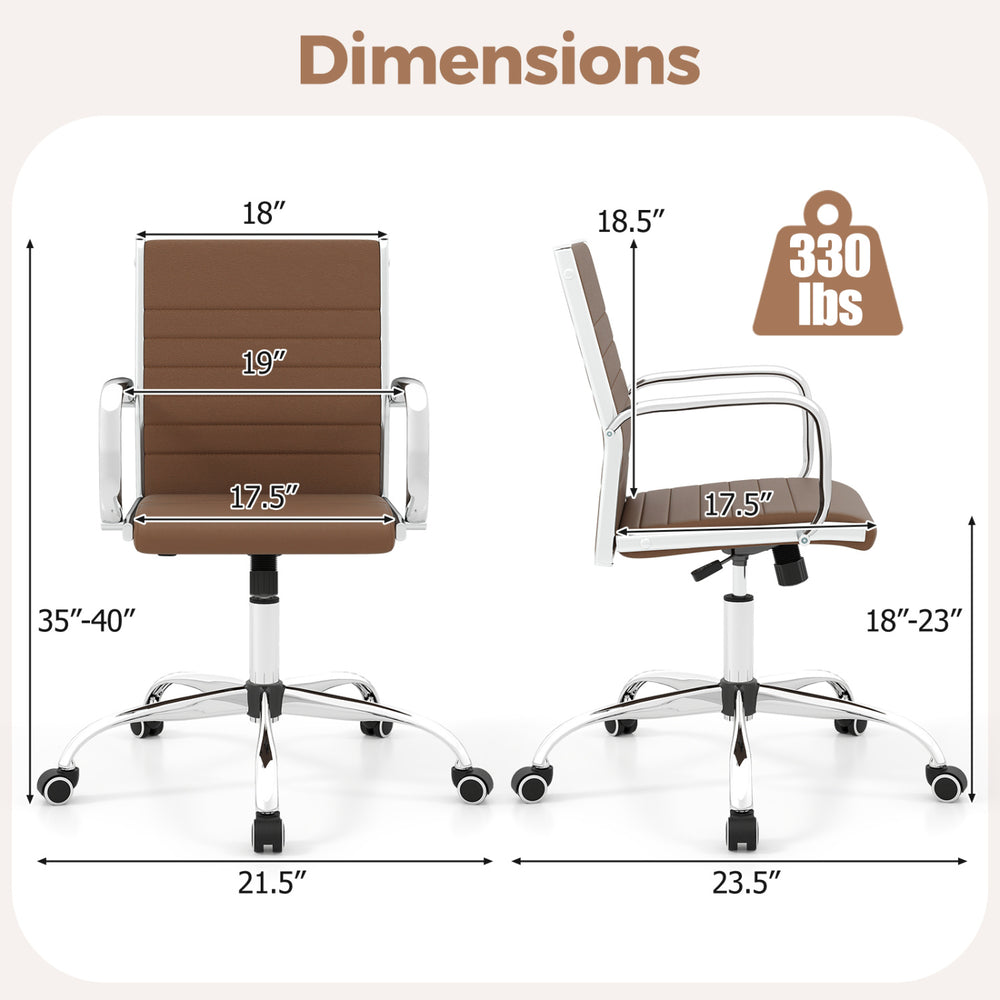 Height adjustable brown office chair with rocking backrest, armrests, and modern ribbed design for conference rooms.