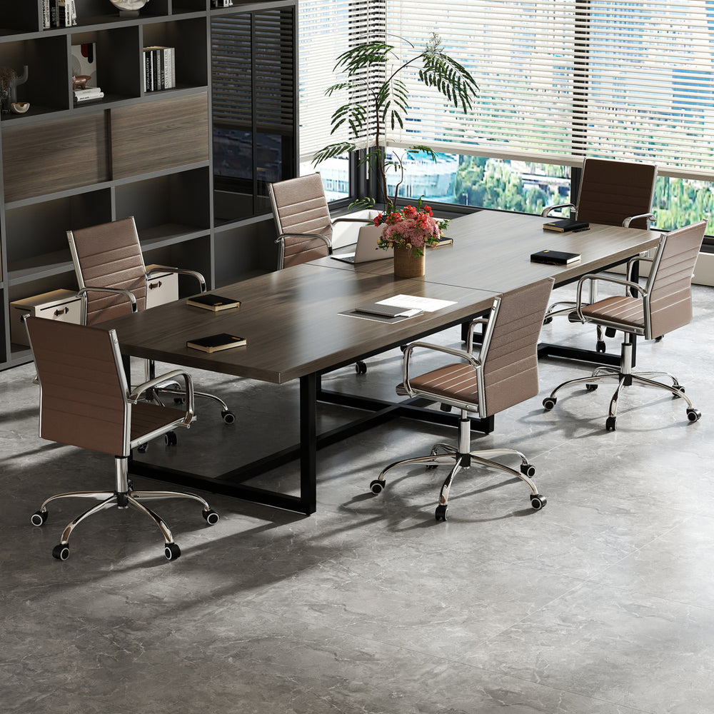 Height adjustable brown office chair with rocking backrest and armrests, designed for comfort in conference rooms.