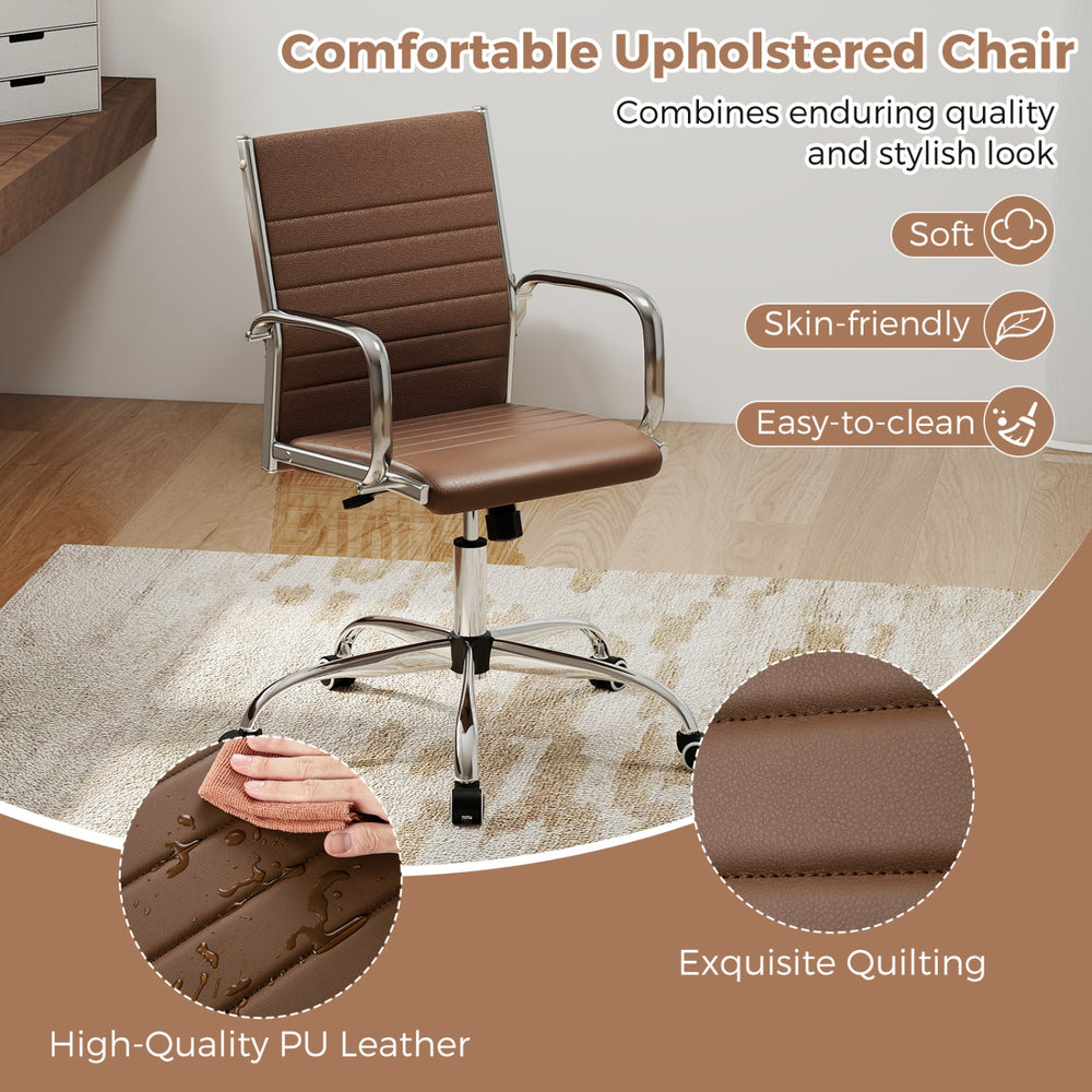 Brown height adjustable office chair with rocking backrest, PU leather upholstery, and modern ribbed design for comfort.