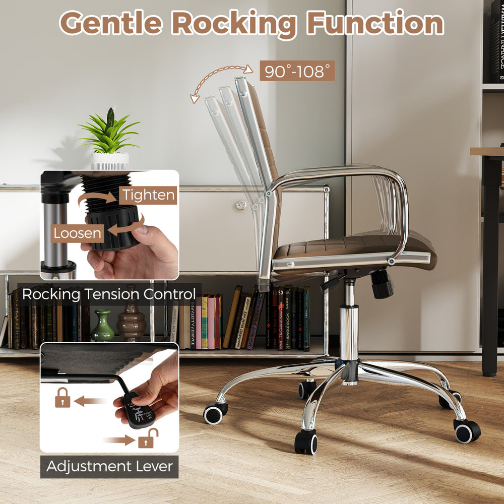 Height adjustable office chair with rocking backrest, brown PU leather, and armrests for ergonomic support in conference rooms.