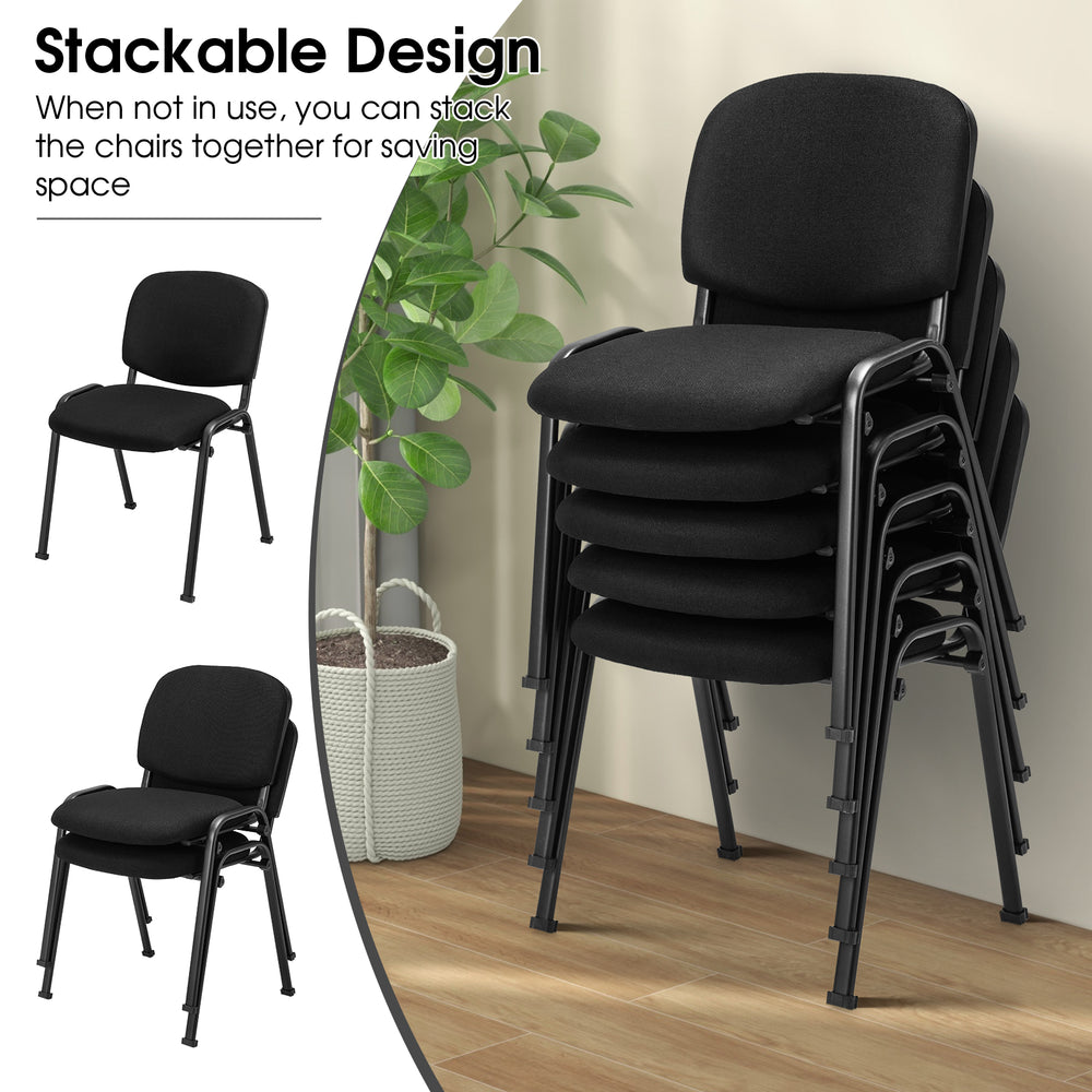 Black office chair with padded cushions, metal frame, stackable design for space-saving in conference or waiting rooms.