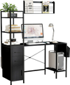 Office desk with open shelves in black featuring RGB LED lights, power outlets, and ample storage for a modern.