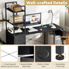 Office desk with open shelves, black finish, featuring RGB LED lights, power outlets, and adjustable foot pads for.