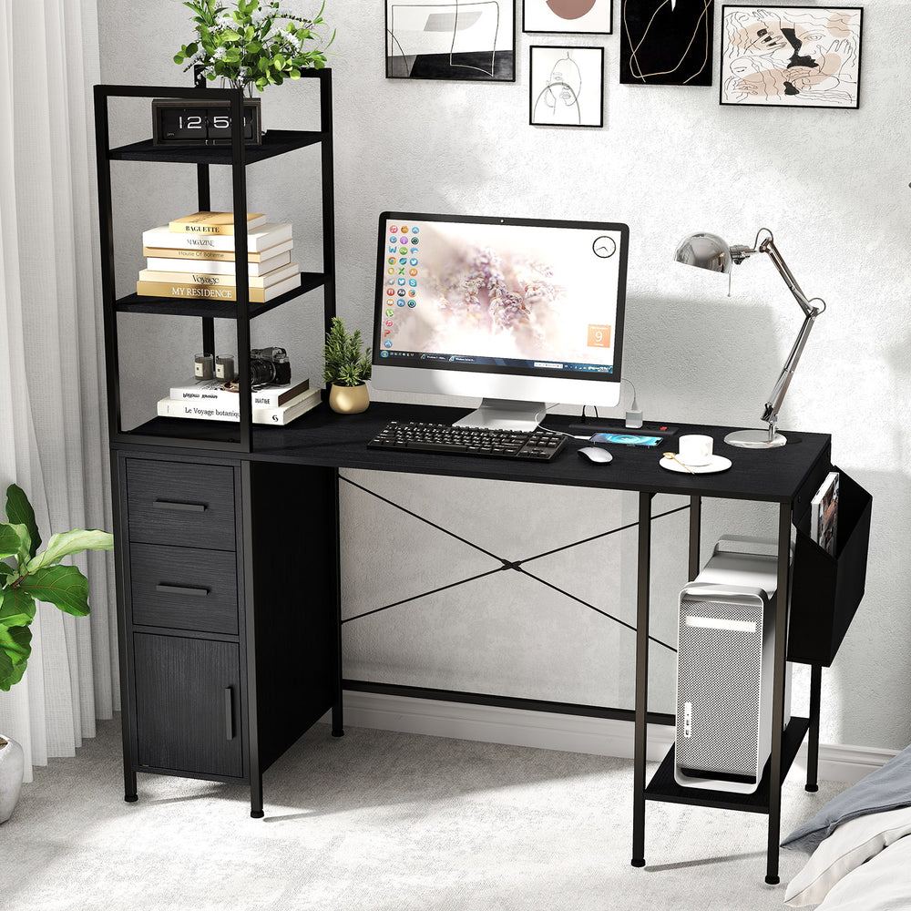 Office desk with open shelves in black featuring RGB LED lights, power outlets, and ample storage for workspace.