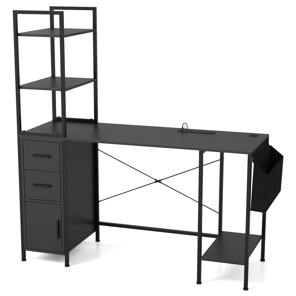 Black office desk with LED lights, power outlets, open shelves, and ample storage for a modern workspace.