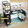 Office desk with open shelves, black finish, featuring RGB LED lights, power outlets, and ample storage space.