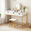 White office desk with gold metal legs, featuring three drawers and a hidden compartment for convenient storage.