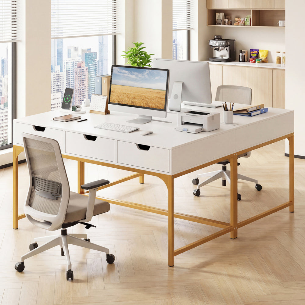 Office desk with power outlets, three drawers, and hidden compartment for study, featuring a sleek white finish and.