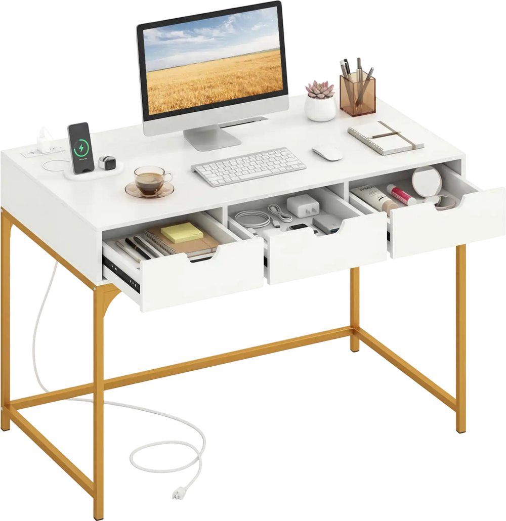 Office desk with power outlets, three drawers, and hidden compartment in white, perfect for study and organization.