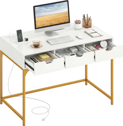 Costway Office Desk with Power Outlets Hidden Compartment 54781937 New
