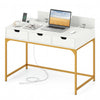 Office desk in white with gold legs, featuring power outlets, three drawers, and a hidden storage compartment for study.
