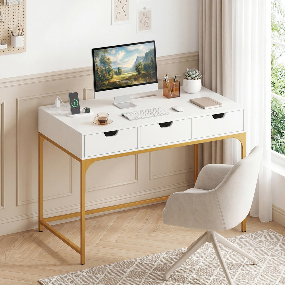 White office desk with power outlets, three drawers, and hidden compartment, ideal for study and workspace organization.