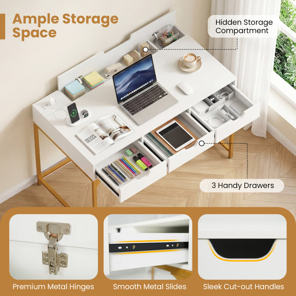 Office desk in white with built-in power outlets, three drawers, and hidden storage compartment for study organization.