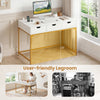 Office desk with white finish, gold legs, built-in power outlets, and user-friendly legroom for comfortable study.