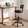 Black office drafting chair with adjustable footring and wheels, featuring a contoured backrest for ergonomic comfort.