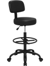 Black office drafting chair with adjustable height, padded seat, swivel function, and wheels for ergonomic desk use.