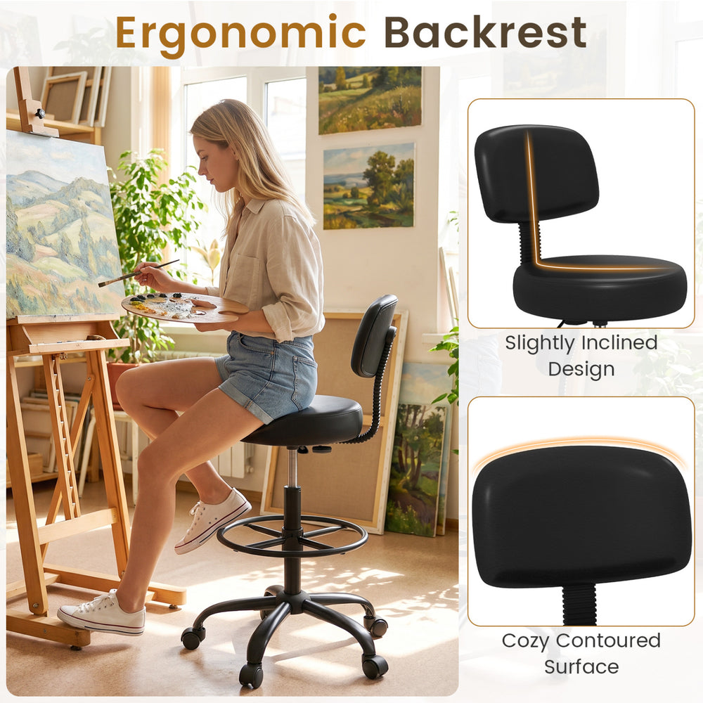 Office drafting chair in black with ergonomic backrest, adjustable footring, and wheels for versatile desk use.