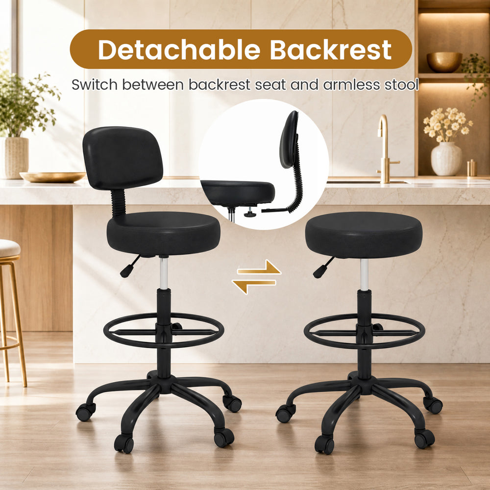 Office drafting chair in black with adjustable footring, detachable backrest, and wheels for versatile ergonomic seating.