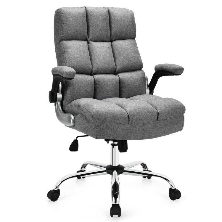 Linen upholstered executive chair with wide U-shaped cushion for comfort, featuring a stylish gray design and chrome.