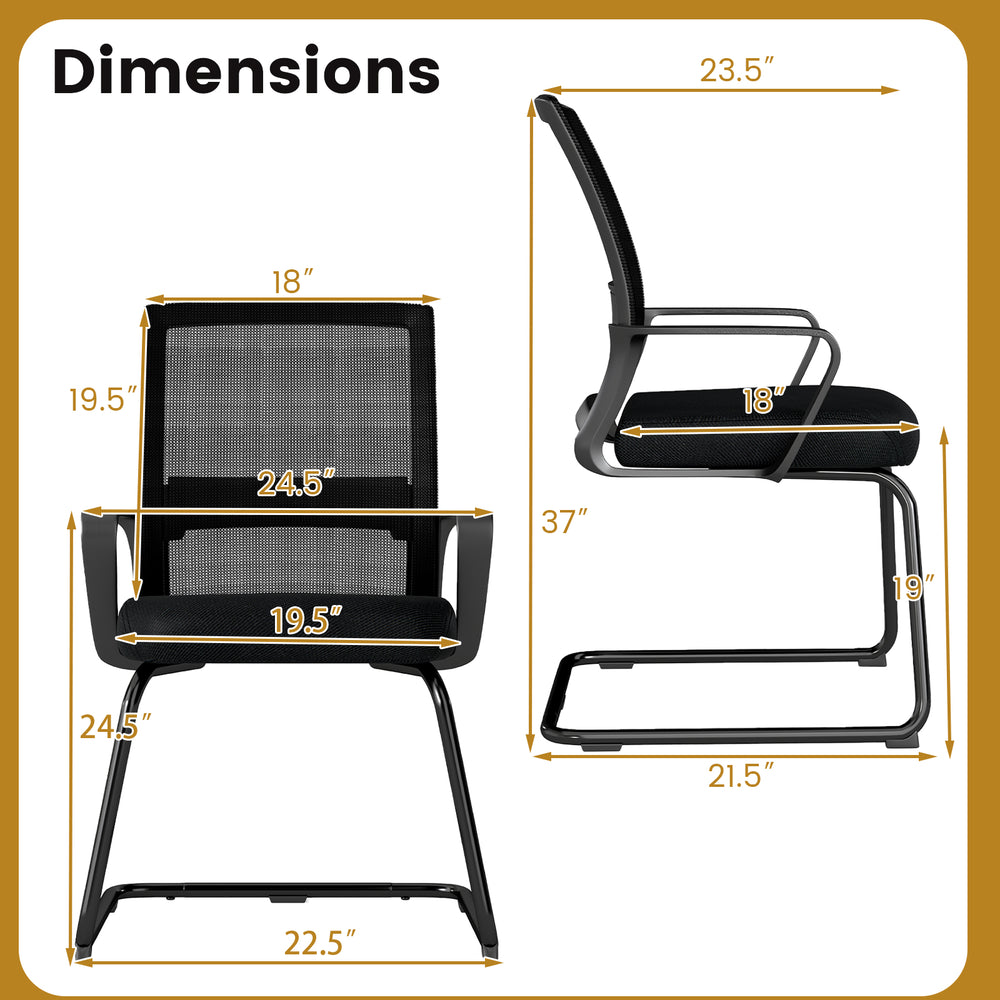 Dimensions of the Office Guest Chair with lumbar support, featuring a breathable mesh back and robust sled base.