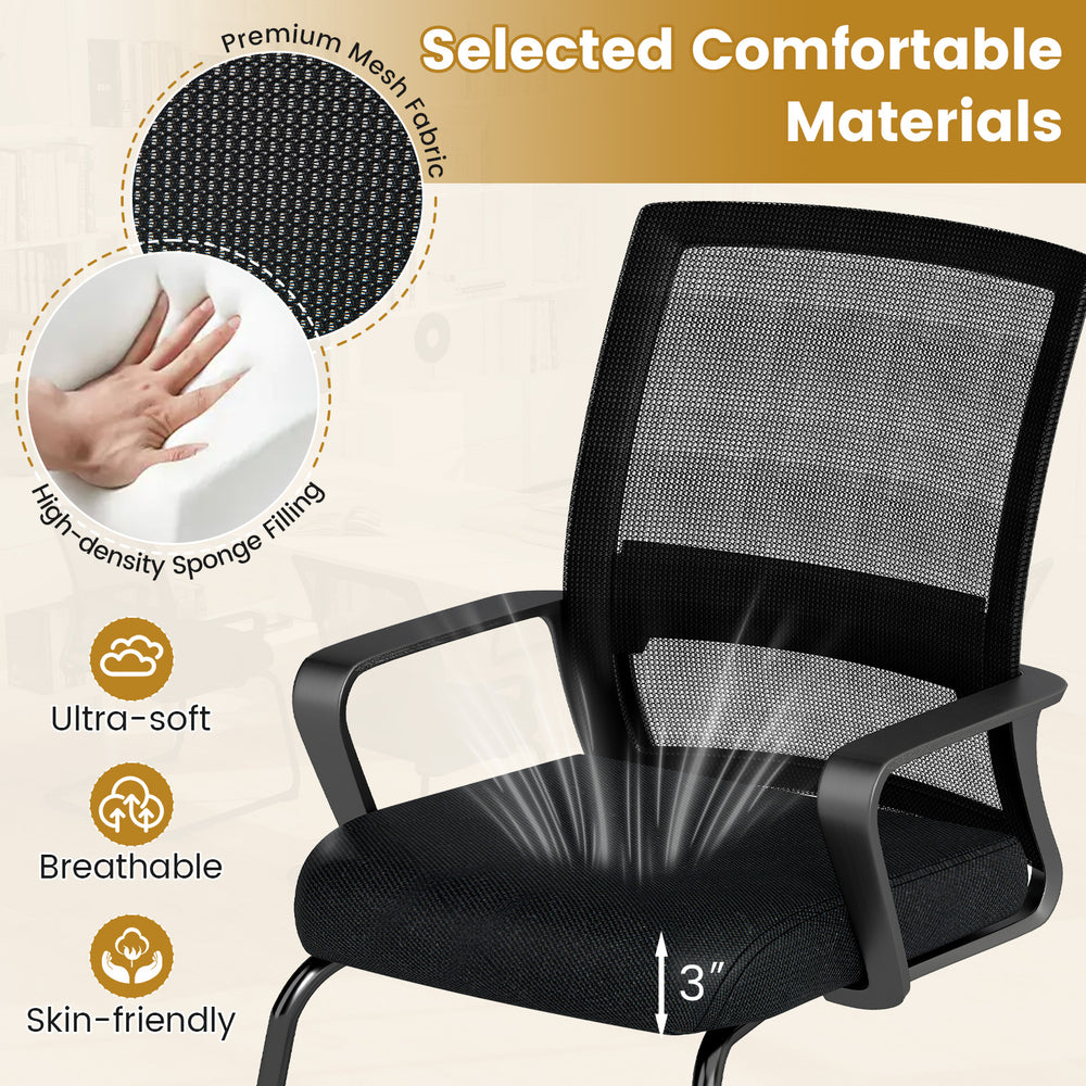 Office guest chair featuring breathable mesh back, 3-inch thick cushion, and built-in lumbar support for comfort.